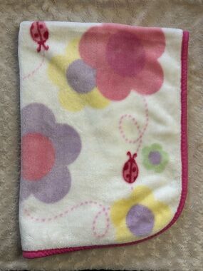 Baby Connection Ladybug Floral Blanket Pink White Yellow Flowers Acrylic Blend